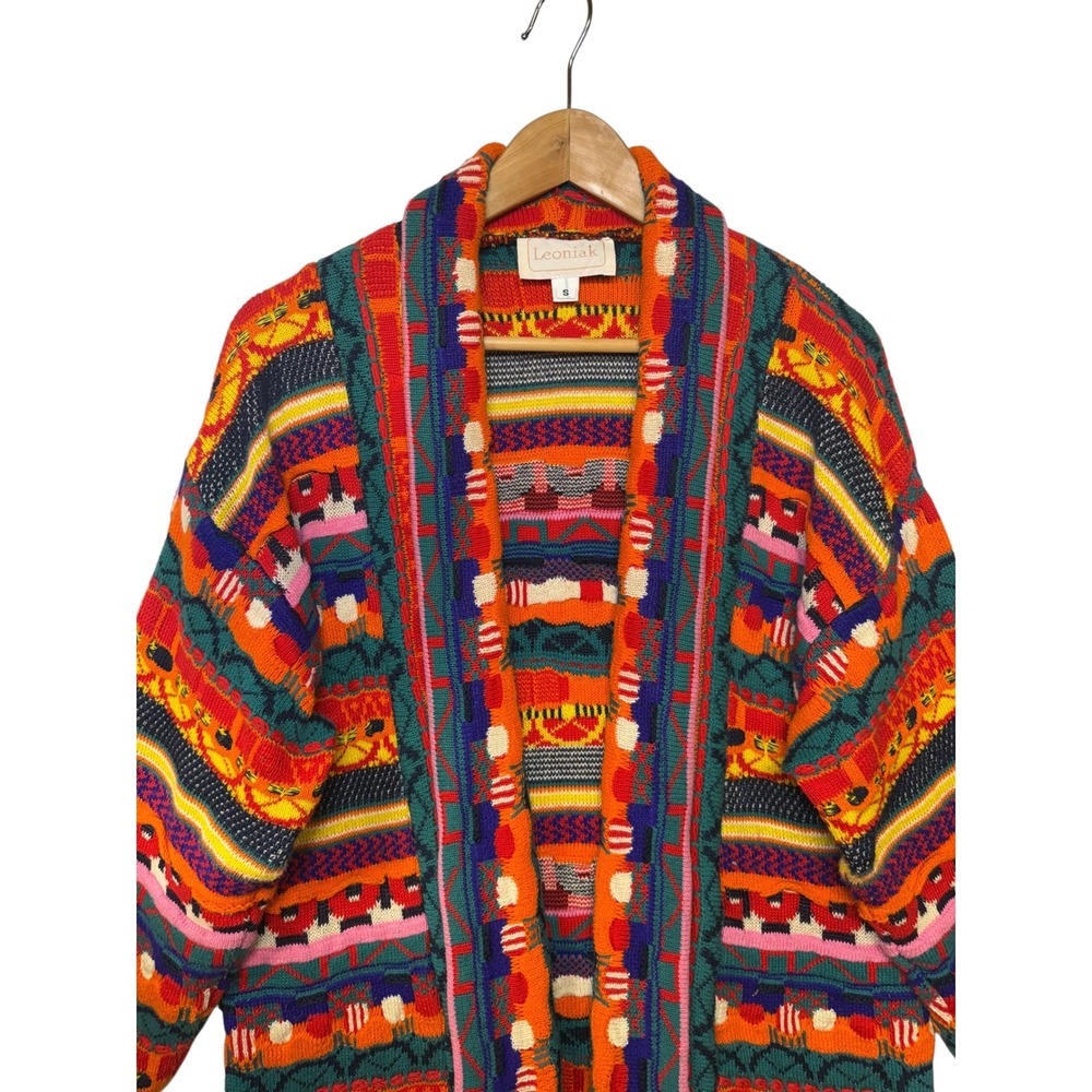 Leoniak Vintage Style Multicolor Geometric Knit Open Front Cardigan Sweater S - Picture 3 of 7